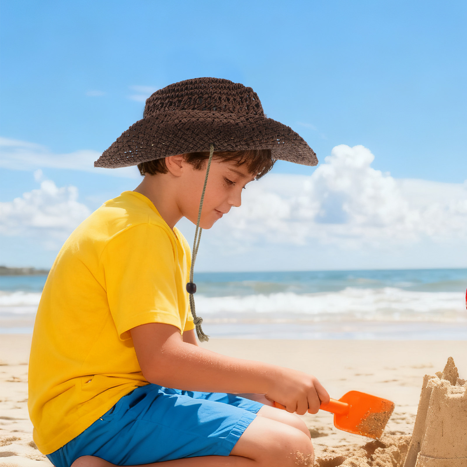 子供用ストローカウボーイハット、ウエスタンスタイルのつば広サ - Sun Hat Wide Brim のレビューと価格