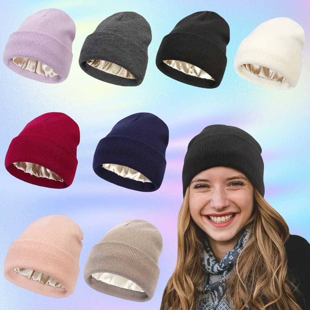 男女兼用サテン裏地付き静電気防止ビーニー帽、女性用冬用シルク - Beanie Cuffed Knit のレビューと価格