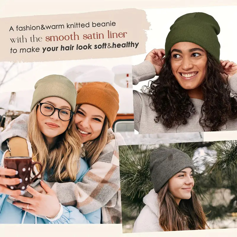 男女兼用サテン裏地付き静電気防止ビーニー帽、女性用冬用シルク - Beanie Cuffed Knit のレビューと価格